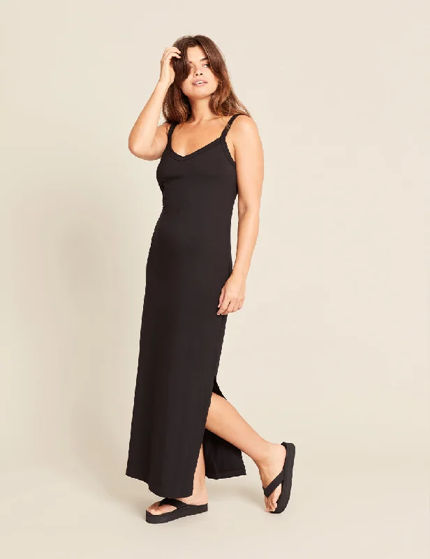 Retro Satin Slip Dress -Satin Slip Dress with Front Slit -V-Neck Slip Dress - Black