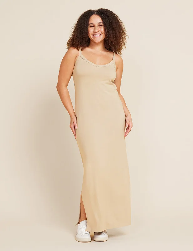 Silk Slip Dress with Sheer Overlay -Slip Dress with Flared Details -V-Neck Slip Dress - Stone