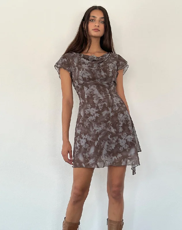 Women's White Pleated Mini Dress-Valencia Mini Dress in Botanical Shadow Brown