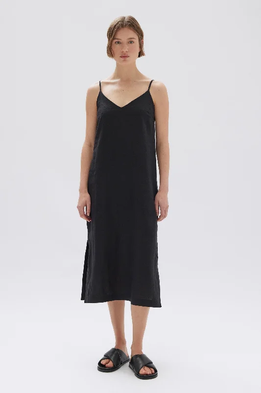 Slip Dress with Strap Detail -Satin Slip Dress with Flower Design -Vallory Linen Slip Dress