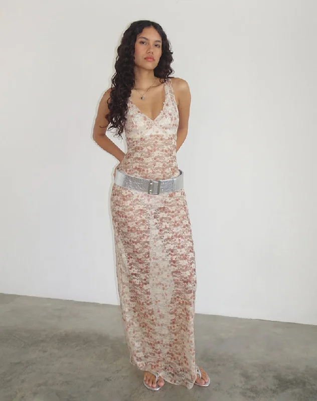 Women's Layered Floral Maxi Dress-Valtheni Maxi Dress in Chic Petal Pink Lace