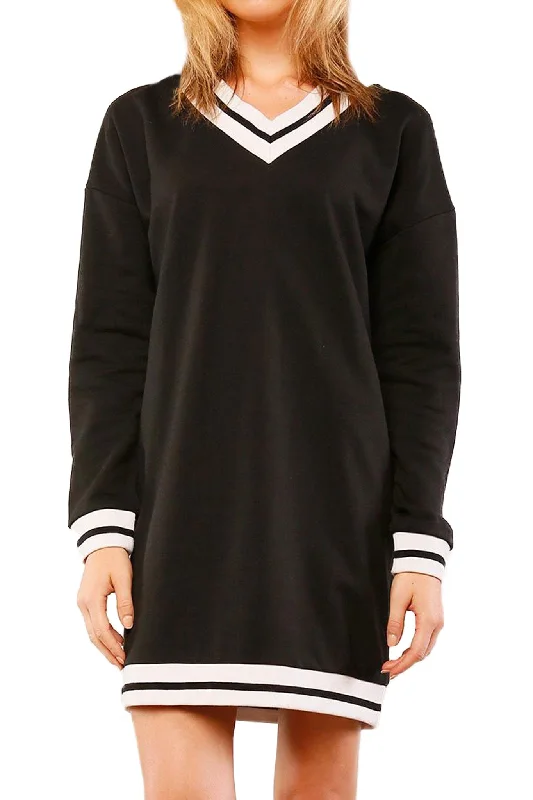 Midi-length Shirt Dress-Varsity V-neck Sweatshirt Dress