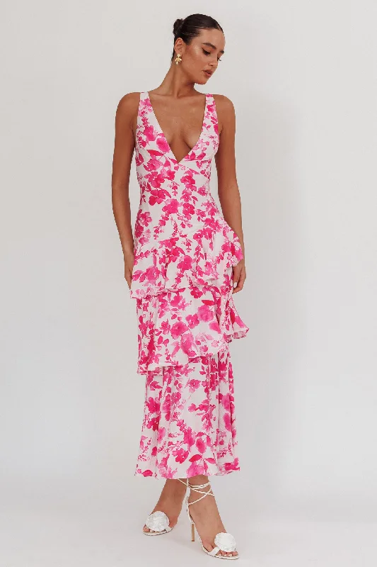 Women's Knit A-line Maxi Dress-Veda Strappy Back Ruffle Maxi Dress Floral Fuchsia
