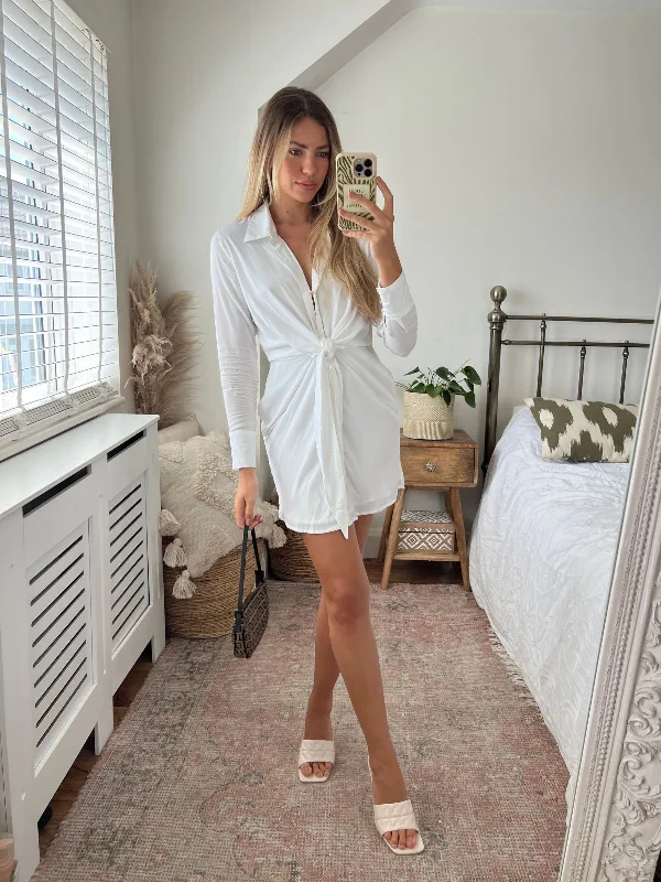 Casual Long Shirt Dress-Venus Tie Front Shirt Dress / White