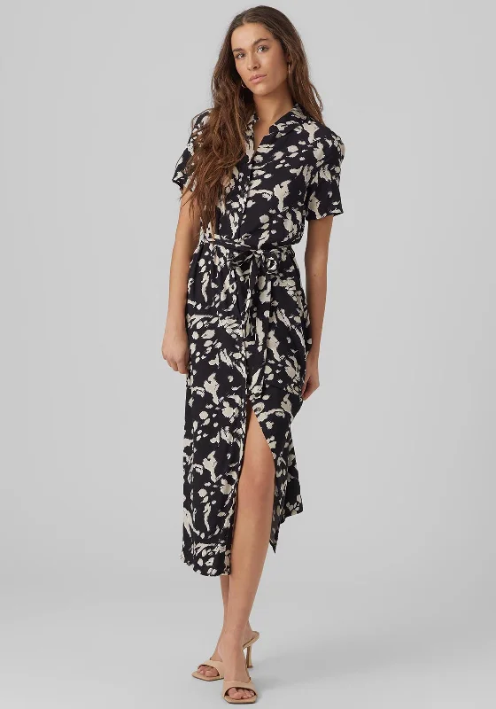 Denim Casual Shirt Dress-Vero Moda Abstract Print Maxi Shirt Dress, Black