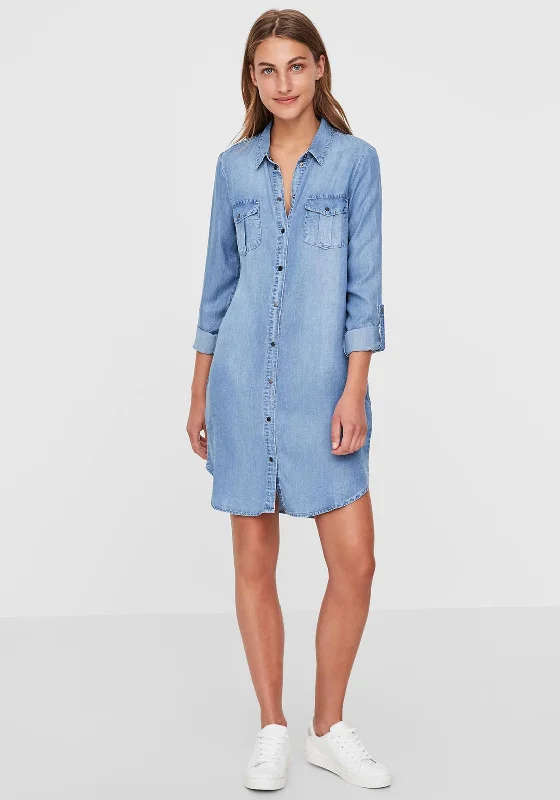 Women's Tunic Shirt Dress-Vero Moda Silla Mini Denim Shirt Dress, Light Blue