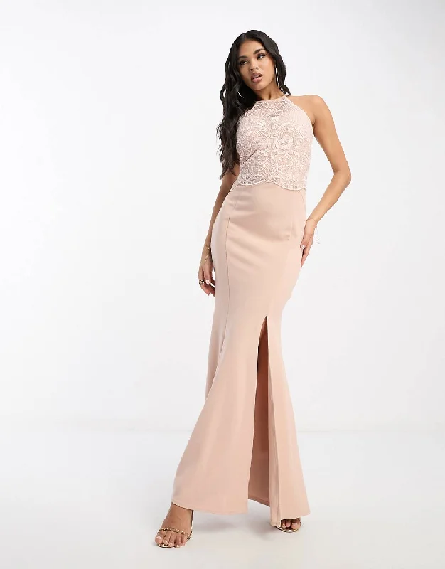 Women's Maxi Dress with Belt-Victoria Halterneck Maxi Dress Nude