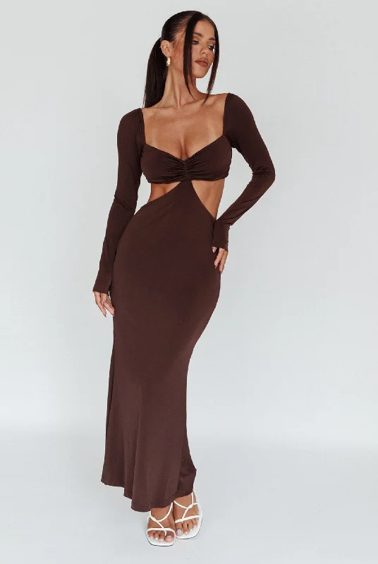 Women's A-line Bohemian Maxi Dress-Vienna Long Sleeve Cut-Out Waist Maxi Dress Chocolate