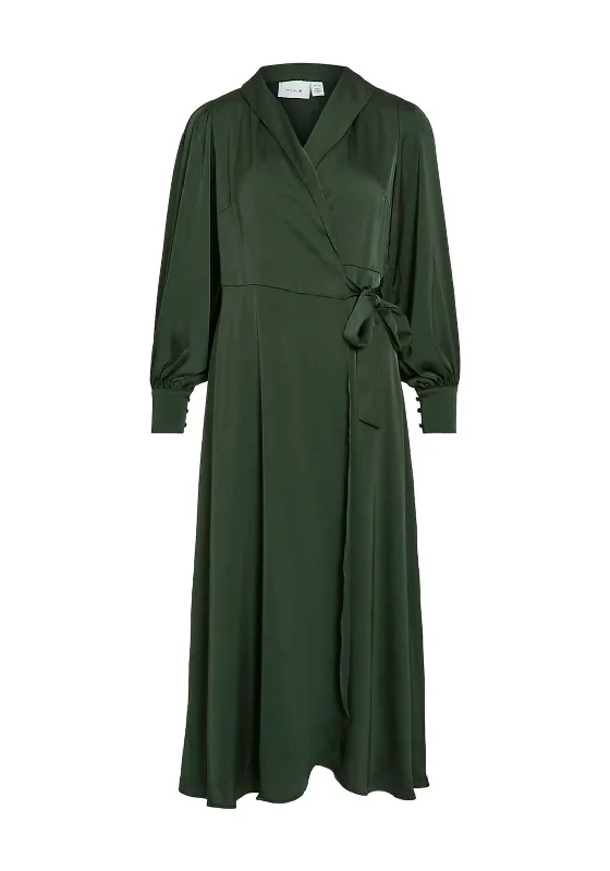 Silk Wrap Dress with Pleat Detail -Dark Green Wrap Dress -Vila Vienna Ravenna Wrap Ankle Dress, Scarab Silk Wrap Dress with Pleat Detail -Dark Green Wrap Dress -Vila Vienna Ravenna Wrap Ankle Dress, Scarab