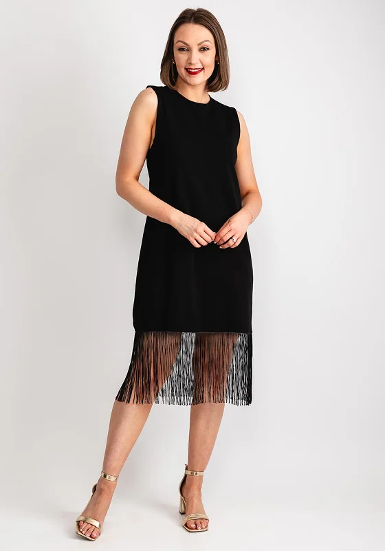 Soft Shirt Dress-Vila Macia Fringe Trim T-Shirt Dress, Black