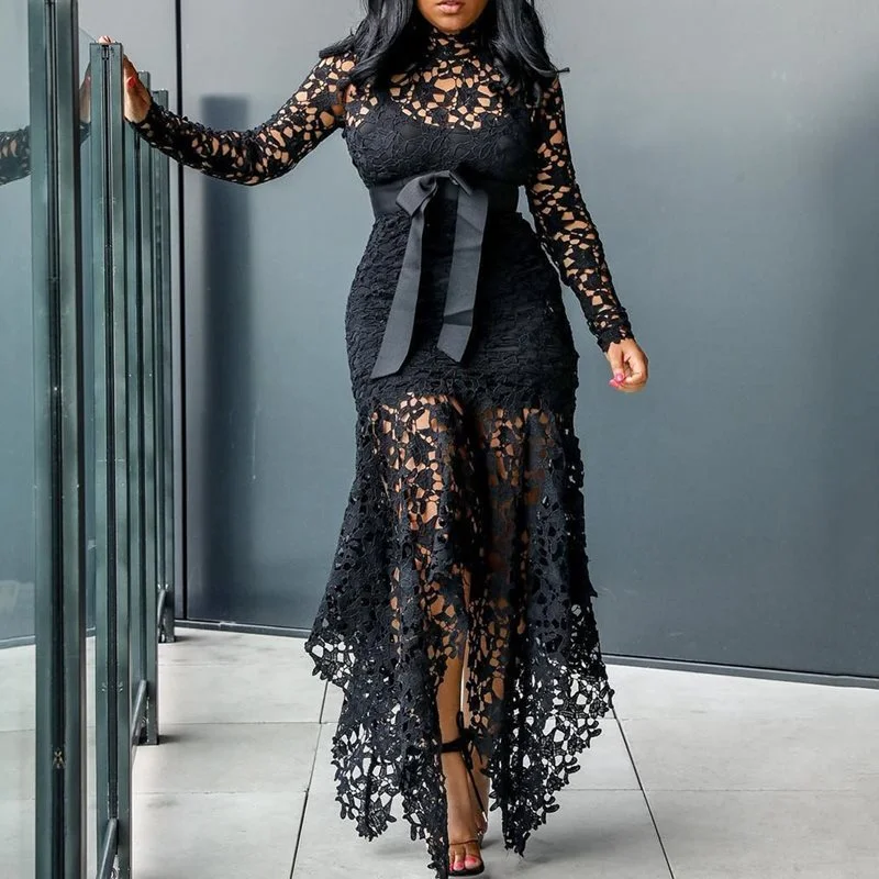 Black Lace-up Bodycon Dress -Vintage Party Sexy Black Lace Long Dress Plus Big Size Large M-XXXL 4XL Women Mesh Hollow Bodycon Blue African Maxi Dress Ladies