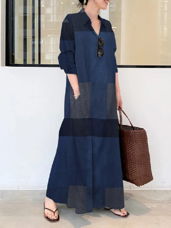 Red Plaid Shirt Dress-Vintage Plaid Stand Collar Pocket Maxi Shirt Dresses