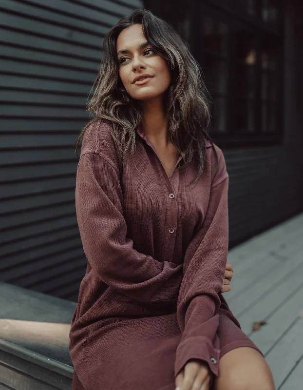 Women's A-line Check Shirt Dress-Vintage Thermal Shirt Dress in Oxblood