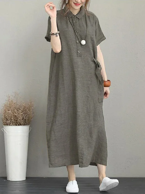 Checkered Shirt Dress for Women-Vintage Turn-down Collar Side Pocket Shirt Dress