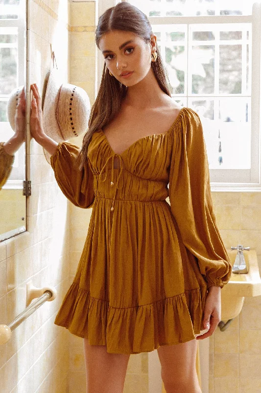 Women's Embellished Mini Dress-Vista Del Mar Tied Bust Mini Dress Tan