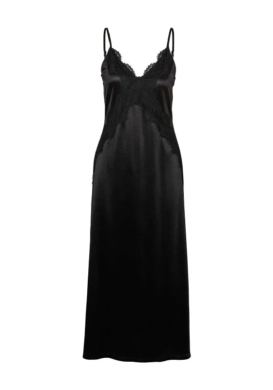 Satin Slip Dress with Low Back -Women's Green Satin Slip Dress for Evening -Vero Moda Anni Satin Slip Dress, Black