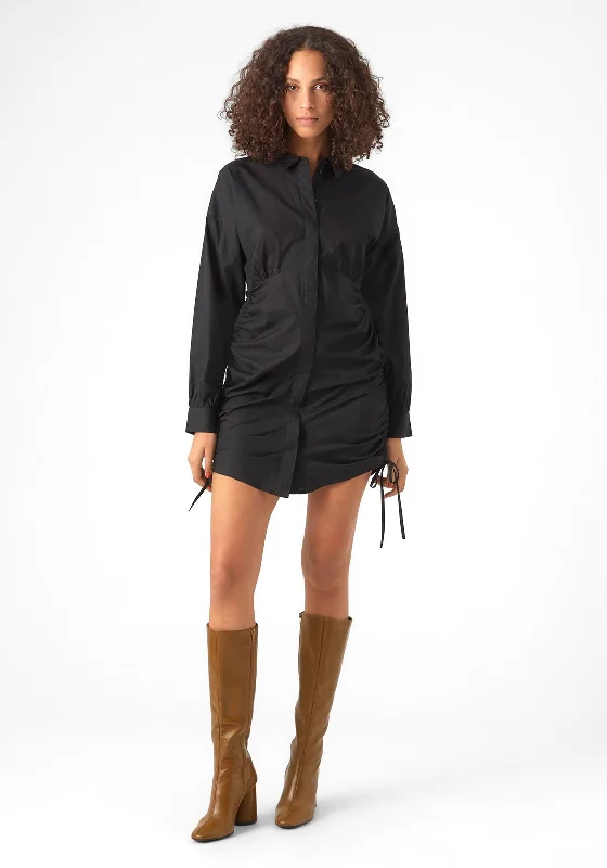 Button-down Denim Shirt Dress-Vero Moda Cilla Gathered Mini Shirt Dress, Black
