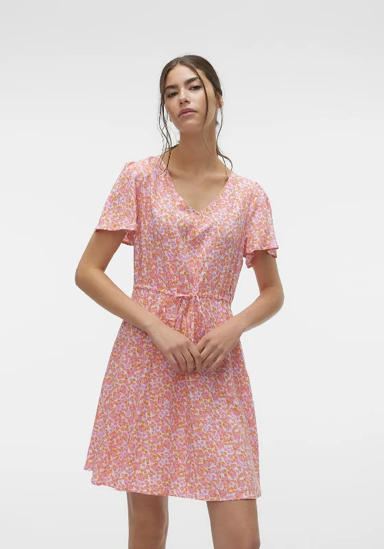Women's Floral Shirt Dress with Sleeves-Vero Moda Easy Floral Short Dress, Show White & Henry