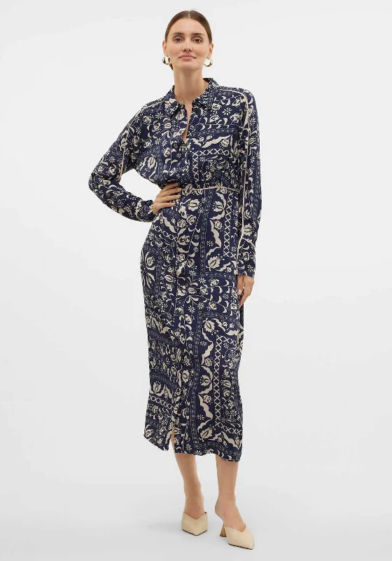 Midi Shirt Dress-Vero Moda Gidde Printed Midi Shirt Dress, Navy