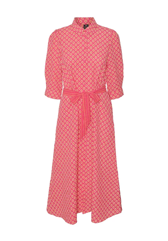 Women's Relaxed Fit Shirt Dress-Vero Moda Moa Printed Midi Shirt Dress, Raspberry Sorbet