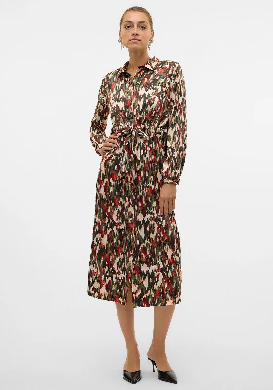 Women's Classic Shirt Dress-Vero Moda Mina Printed Midi Shirt Dress, Red Multi