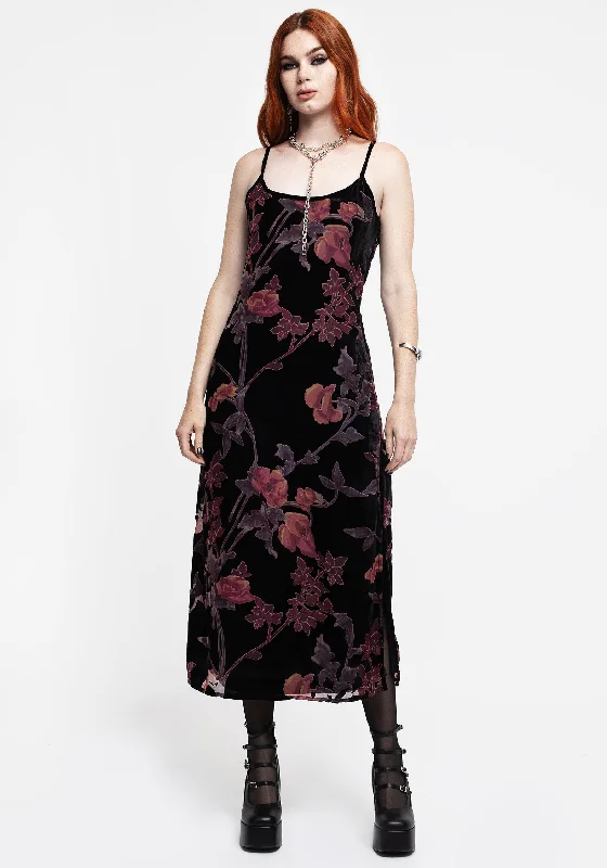 Casual Slip Dress for Summer -Off-shoulder Red Slip Dress for Wedding -Waterlily Devoré Velour Midaxi Slip Dress
