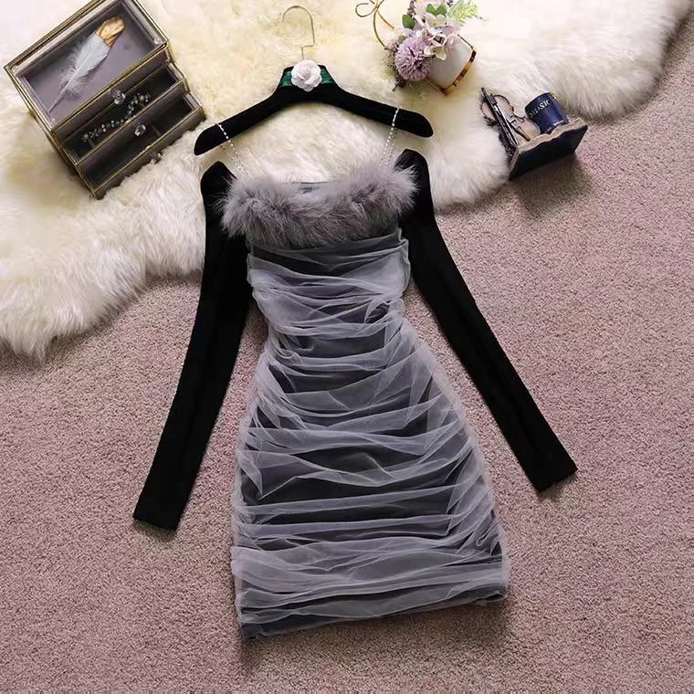 Formal Navy Blue Party Dress for Elegant Affair -Welda Furry Party Dress