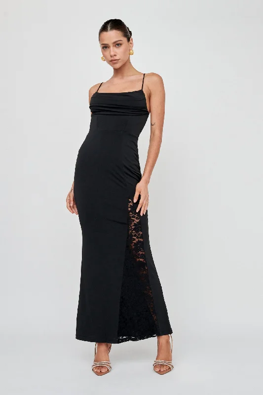 Women's Shiny Maxi Dress-Well Versed Lace Split Maxi Dress Black