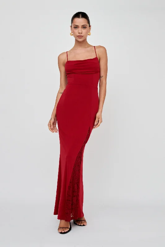 Women's V-neck Slip Maxi Dress-Well Versed Lace Split Maxi Dress Wine