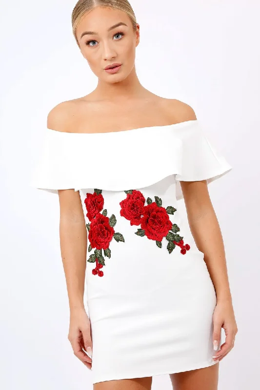 Plus Size Black Bodycon Dress -White Bardot Frill Bodycon Applique Dress - Leticia