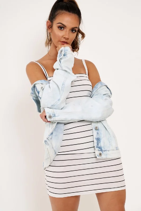 Women's Bodycon Dress with Off-shoulder Design -White Black Stripe Cami Bodycon Mini Dress - Edeline