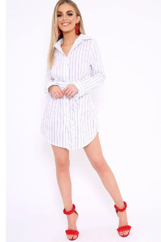 Printed Belted Shirt Dress-White Black Stripe Corset Shirt Dress - Korrin