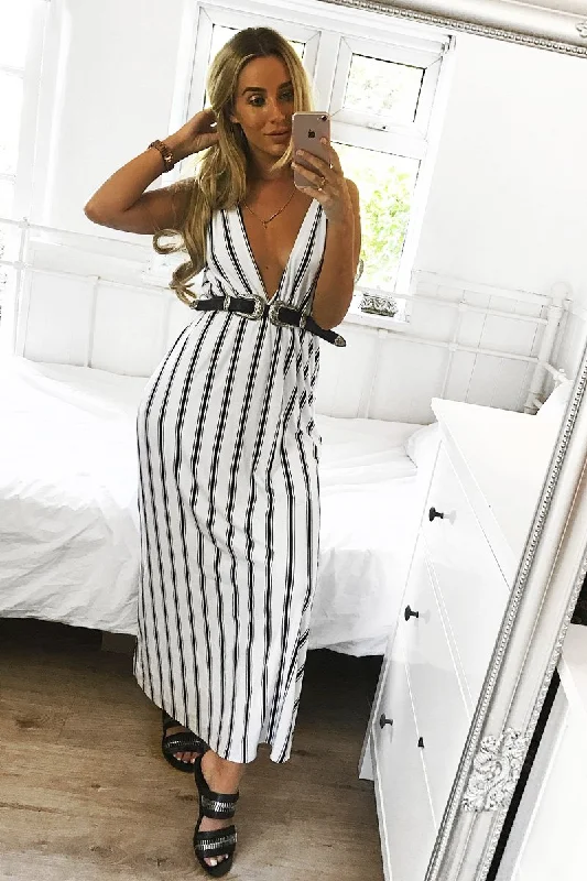 Women's Pleated Back Maxi Dress-White Black Stripe Plunge Wrap Maxi - Skyelin