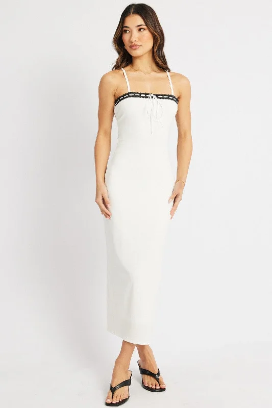 Bodycon Dress with Strap Detail -White Bodycon Dress Maxi Ribbon Trim