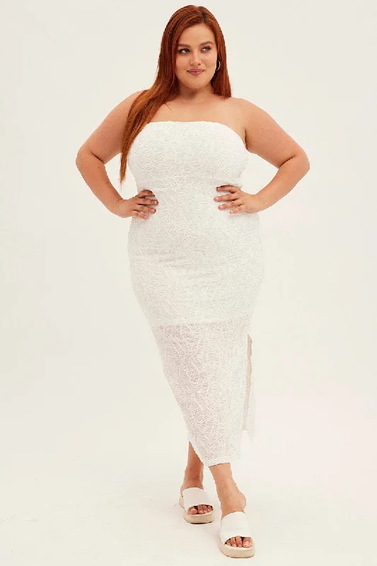 Bodycon Dress with Long Sleeve Lace -White Bodycon Dress Strapless Midi Textured
