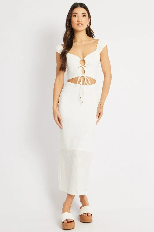 Bodycon Dress with Gold Detailing -White Bodycon Dress Textured Midi