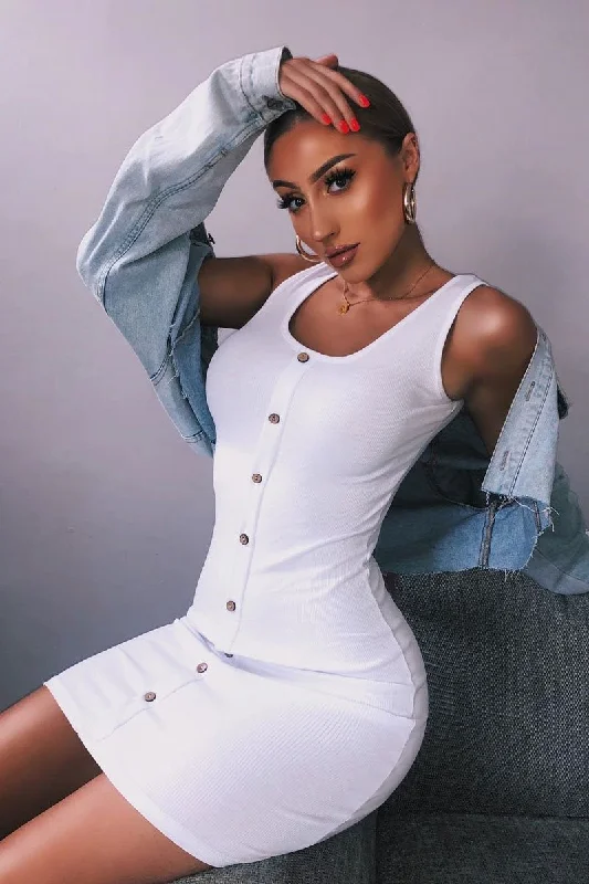 Women's Bodycon Dress for Beach Party -White Button Front Ribbed Bodycon Dress - Oliviana