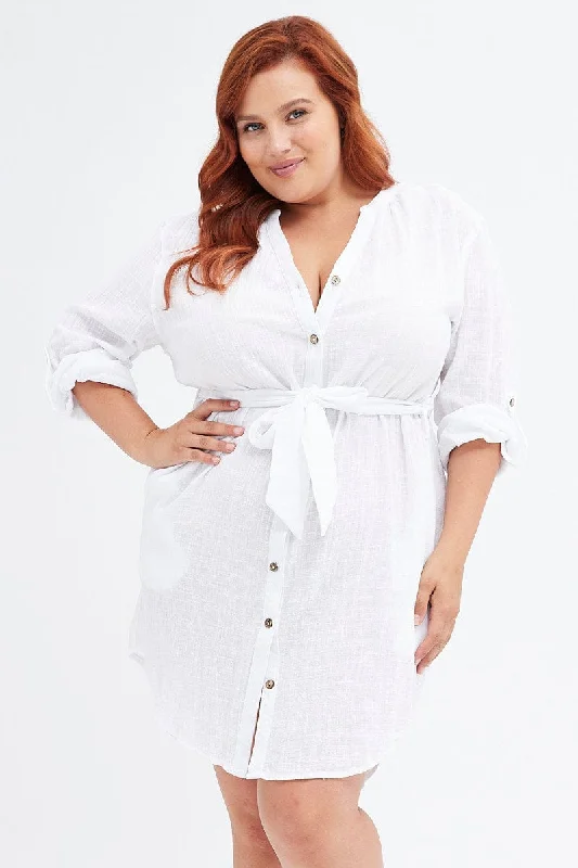 Stylish Office Shirt Dress-White Cotton Shirtdress Long Tab Sleeve Textured