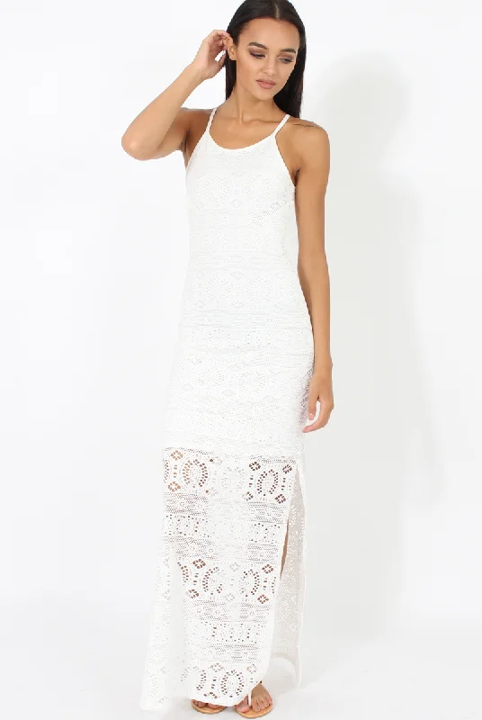 Women's Sleeveless Floral Maxi Dress-White Crochet Maxi Dress - Paris