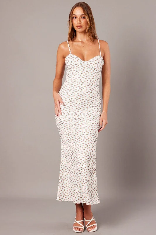 Women's Casual Red Bodycon Dress -White Ditsy Maxi Dress Sweetheart Neck Bodycon Textured