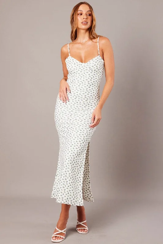 A-line Bodycon Dress with Sheer Sleeves -White Ditsy Maxi Dress Sweetheart Neck Bodycon Textured