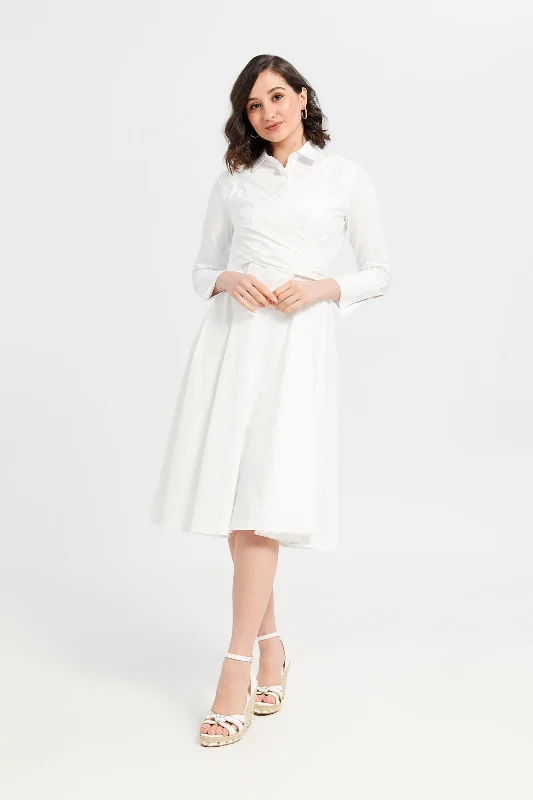 Casual Checkered Shirt Dress-Women White Plain Knee Length Shirt Dress