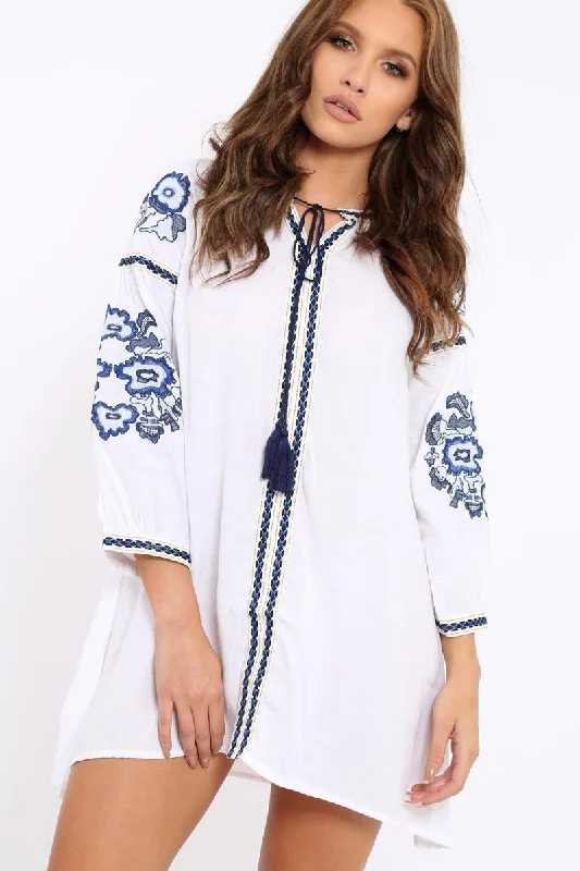 White Embroidered Shirt Dress-White Embroidered Shirt Dress - Nikki