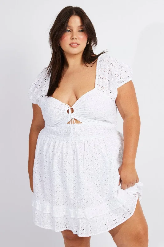 Wedding Flare Dress -White Fit And Flare Dress Short Sleeve Embroidered