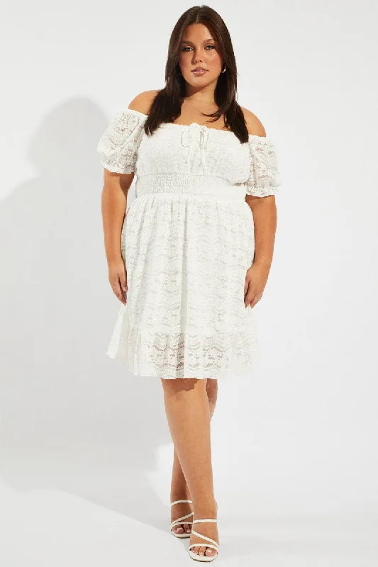 Button-down Flare Dress -White Fit And Flare Dress Short Sleeve Lace