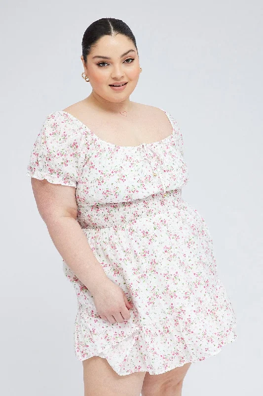 V-neck Flare Dress -White Floral Fit And Flare Dress Short Sleeve