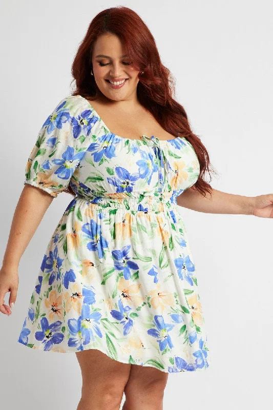 Summer Midi Flare Dress -White Floral Fit And Flare Dress Short Sleeve Ruched Bust