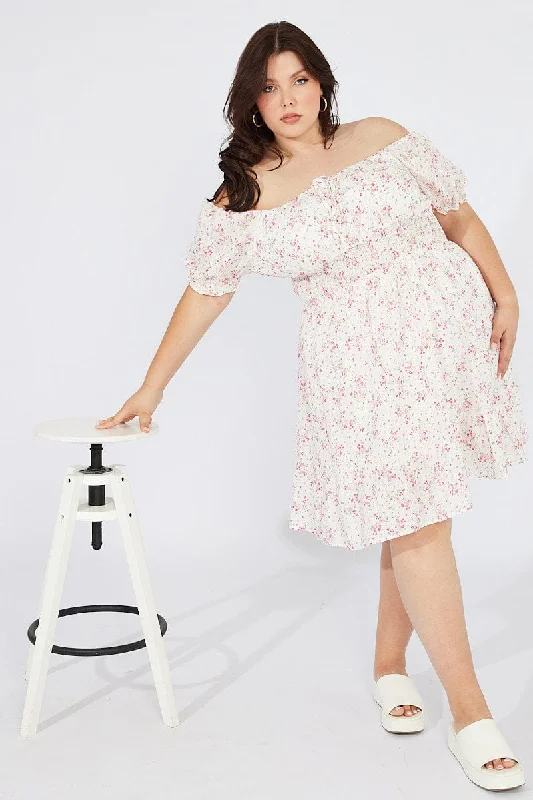 Casual Fall Flare Dress -White Floral Fit And Flare Dress Short Sleeve Ruched Bust