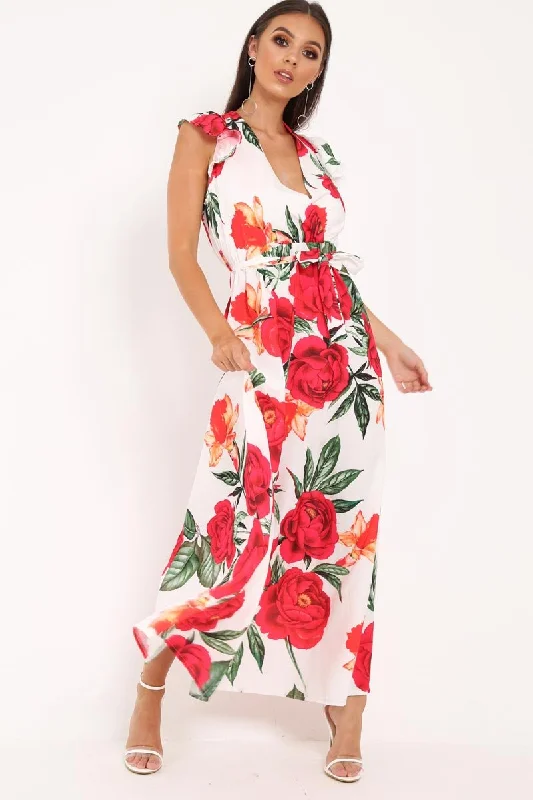 Women's High Waistline Maxi Dress-White Floral Frill Sleeve Maxi Dress - Persia