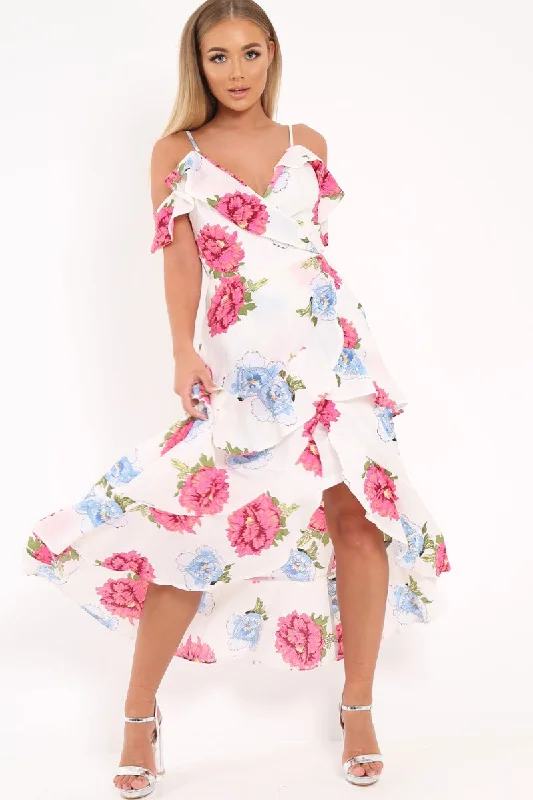 Short Wrap Dress for Day Wear -Blue Wrap Dress -White Floral Frill Wrap Cold Shoulder Dress -Sabria Short Wrap Dress for Day Wear -Blue Wrap Dress -White Floral Frill Wrap Cold Shoulder Dress -Sabria